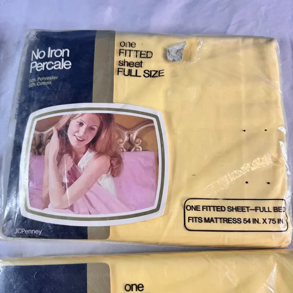 Vintage JCPenney Yellow Full Sheet Set Percale No Iron Pillowcases Fitted Flat